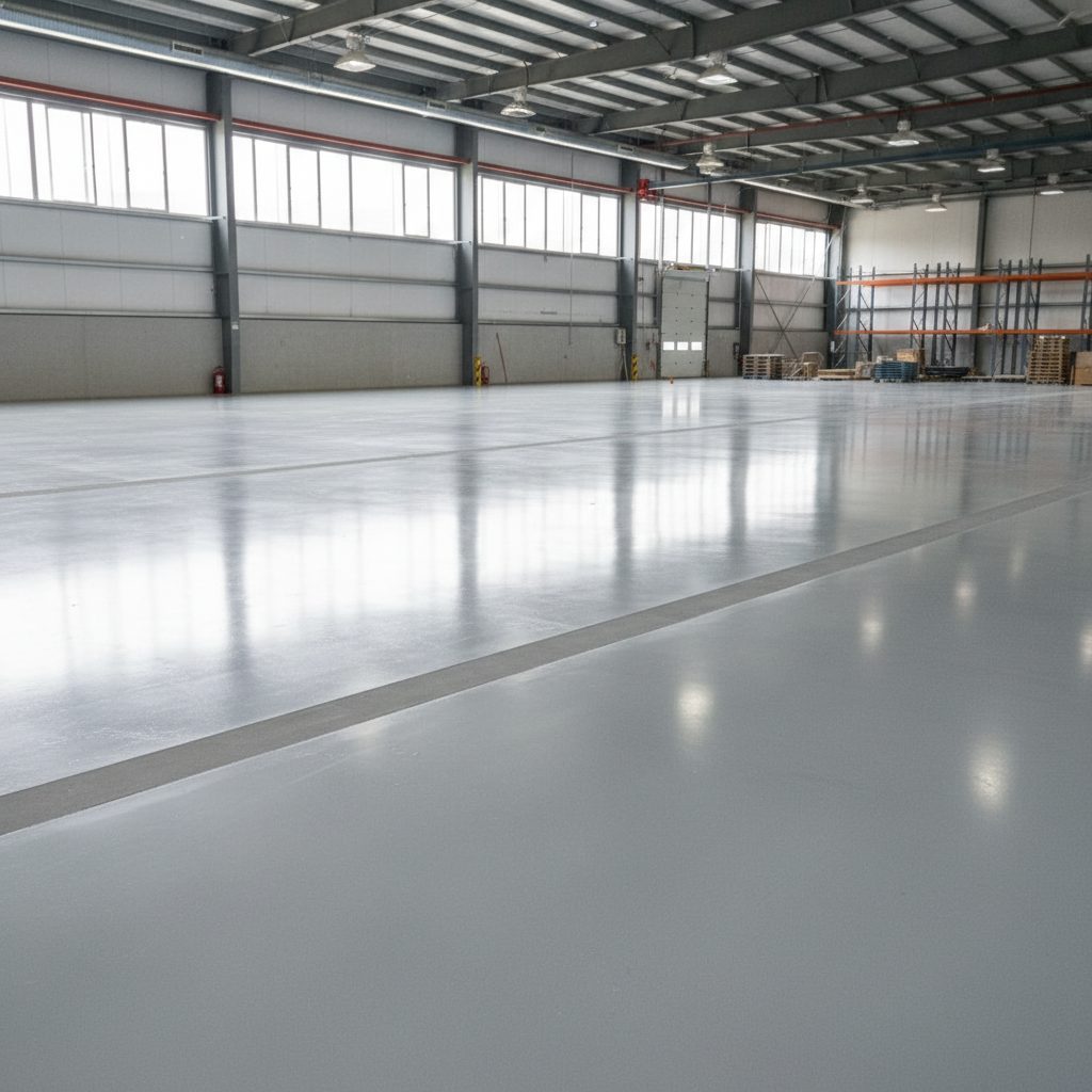 Glossy commercial epoxy concrete floor in a warehouse space