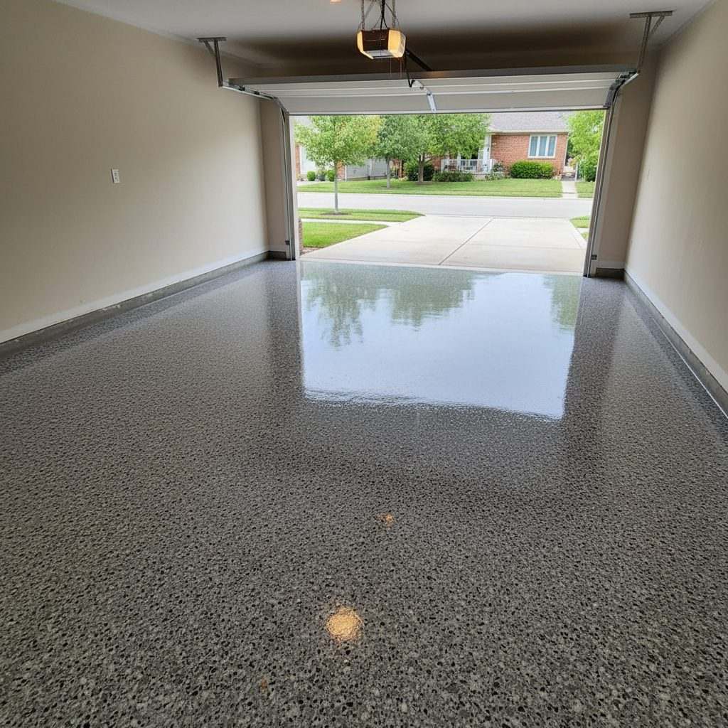 Freshly coated two-car garage floor with glossy speckled gray flake epoxy, illustrative example